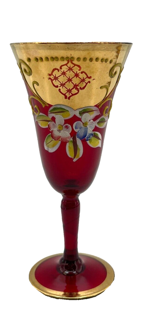 Bohemian Czech Cranberry Flute Glass Gold Gilt Enamel Flowers Hand Painted